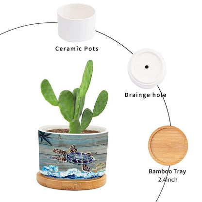 DreamAutumn Ocean Theme Sea Turtle Ceramic Pots for Plants with Drainage Holes Round Flower Pot Bamboo Tray Orchid Pot Succulents Pots for Outdoor Indoor Plants,Housewarming Gifts