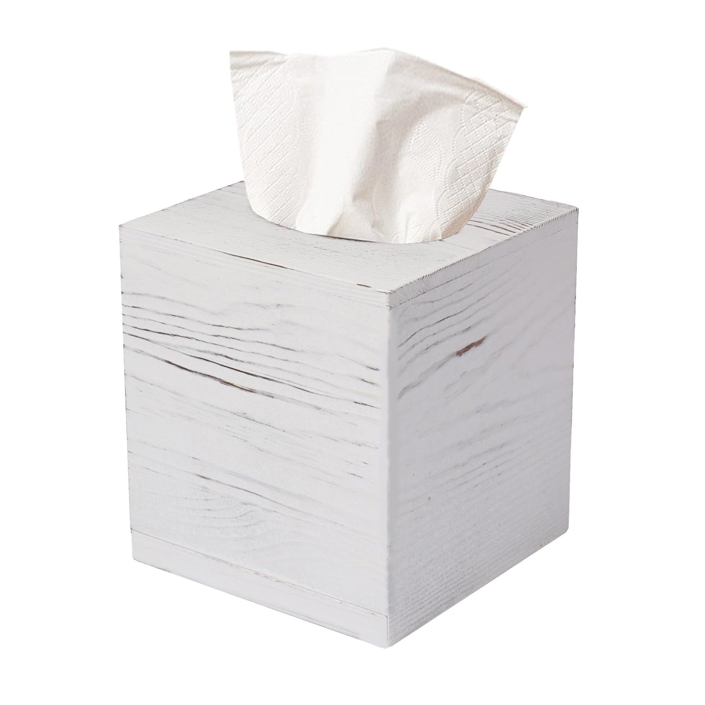 Tissue Box Cover Square, Rustic White Wooden Tissue Box Holder for Kleenex - Facial Tissue Holder for Bathroom, Bedroom, Office, Vanity