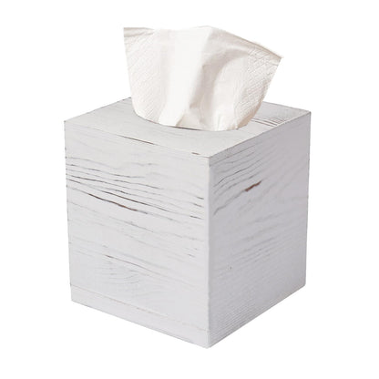 Tissue Box Cover Square, Rustic White Wooden Tissue Box Holder for Kleenex - Facial Tissue Holder for Bathroom, Bedroom, Office, Vanity
