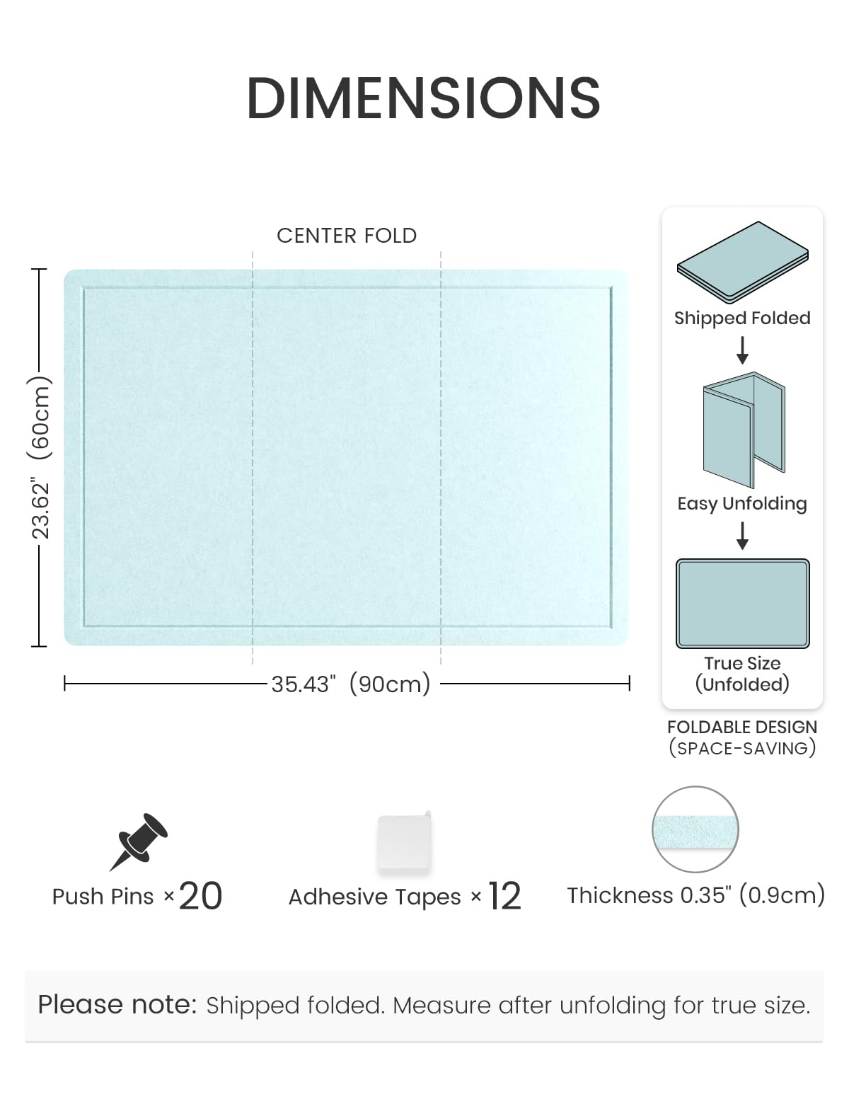 Fluxynara Bulletin Board,35.4" x 23.6" Cork Board Alternative with 12 Safe Removable Adhesive Tabs, Foldable Felt Pin Board for Home Office, Classroom, Bedroom,Entryway for Walls—Aqua Blue