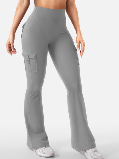 YEOREO CoreFlex Women Workout Flare Leggings with Pockets Hidden Scrunch High Waisted Cargo Gym Yoga Leggings Light Grey L
