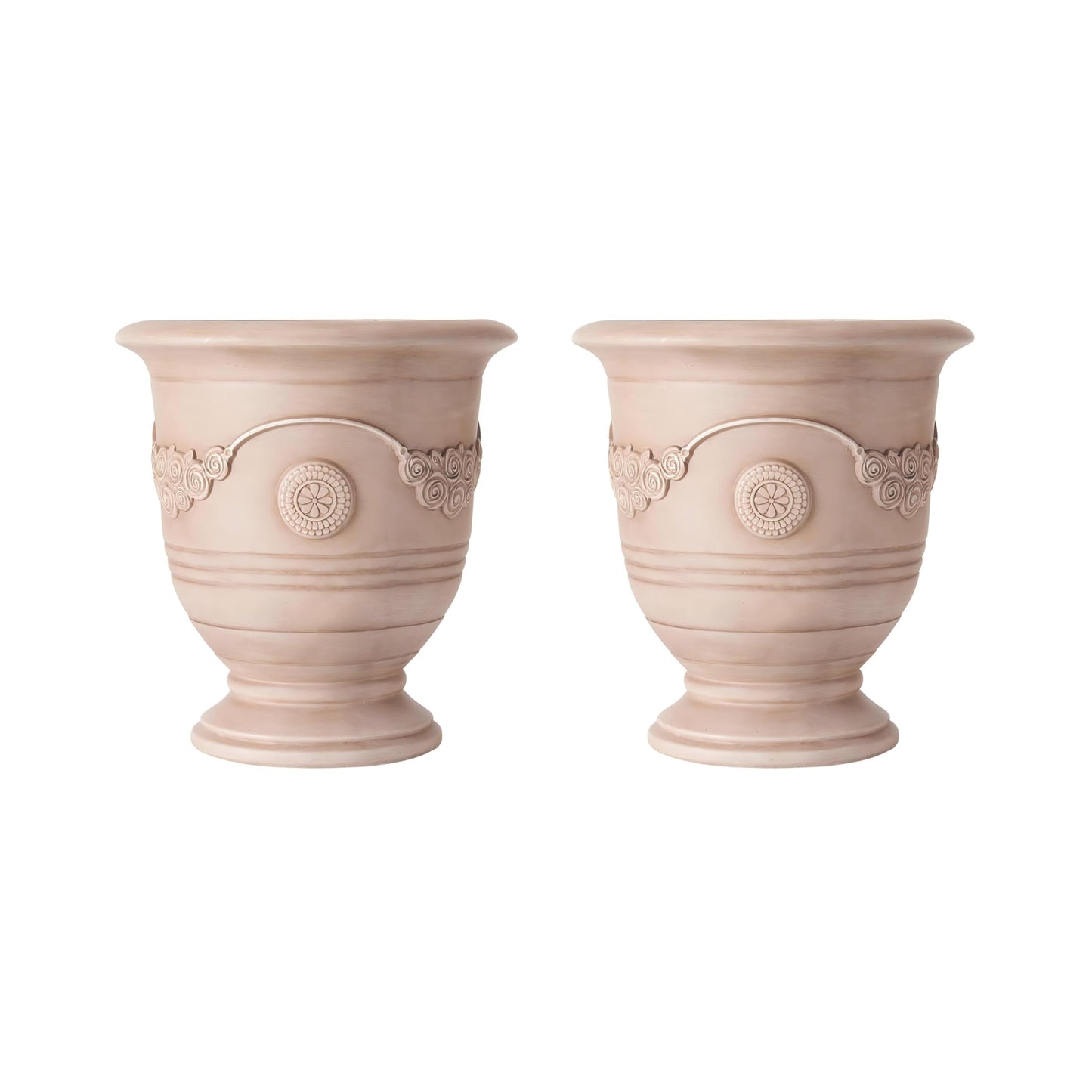 Christopher Knight Home Rewol Round Concrete Planter Set of 2, 2 Pack Garden Flower Pot with Drainage Hole, Floral Relif Patio Urn Planter for Outdoor Plants, Outdoor Planter Box, No Assembly, Beige