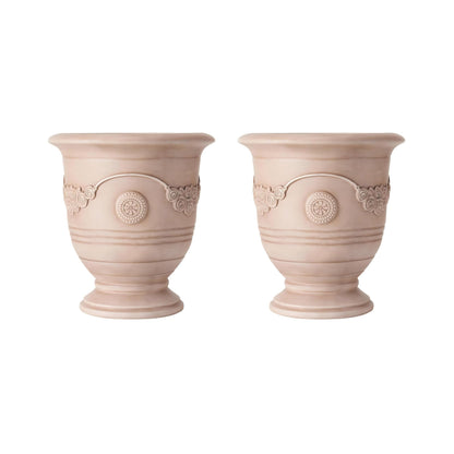 Christopher Knight Home Rewol Round Concrete Planter Set of 2, 2 Pack Garden Flower Pot with Drainage Hole, Floral Relif Patio Urn Planter for Outdoor Plants, Outdoor Planter Box, No Assembly, Beige