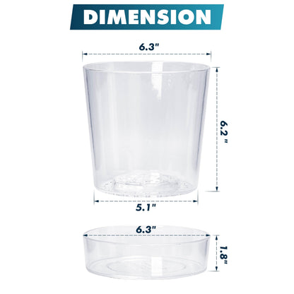 Phoenix Vine 6.5 Inch Clear Acrylic Planter Pot with Tray, Orchid Pot with Drainage Holes, Deep Saucer for Bottom Watering, Transparent Containers for Indoor Plants, Herbs, Set of 1, 91-A-F-1