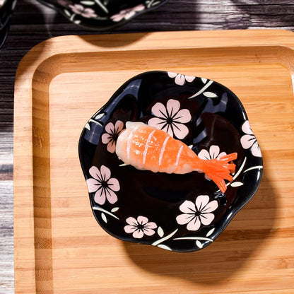 Whitenesser Japanese Black Sakura Soy Sauce Dish for Sushi, Porcelain Dipping Bowls Sauce Cups Set of 6
