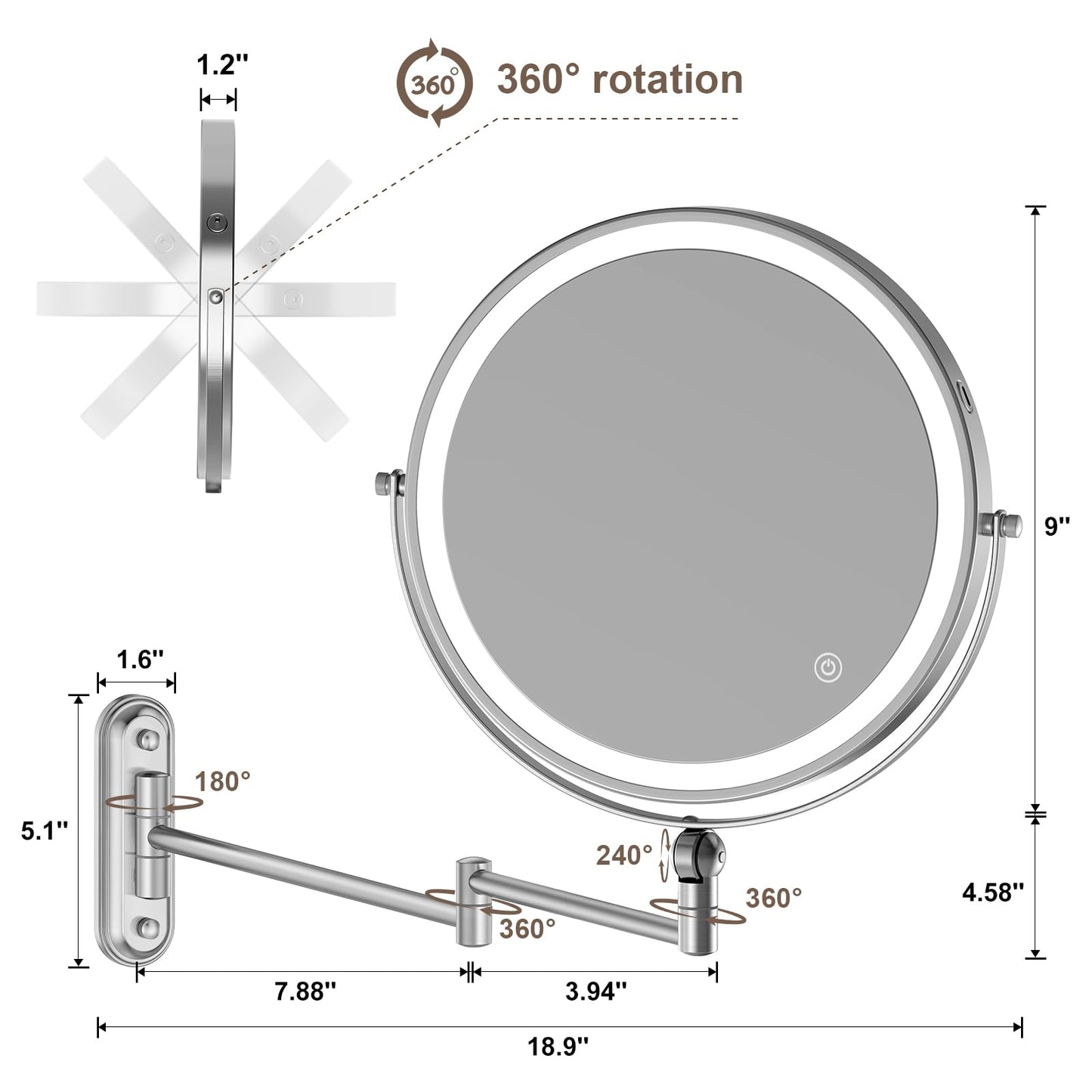 9" Wall Mounted Makeup Lighted Mirror, 4000mAh Rechargeable Double Sided LED Vanity Mirror with Height Adjustable&1X/10X Magnification, 3 Color Lights Touch Screen Dimmable 360°Swivel Bathroom Mirror