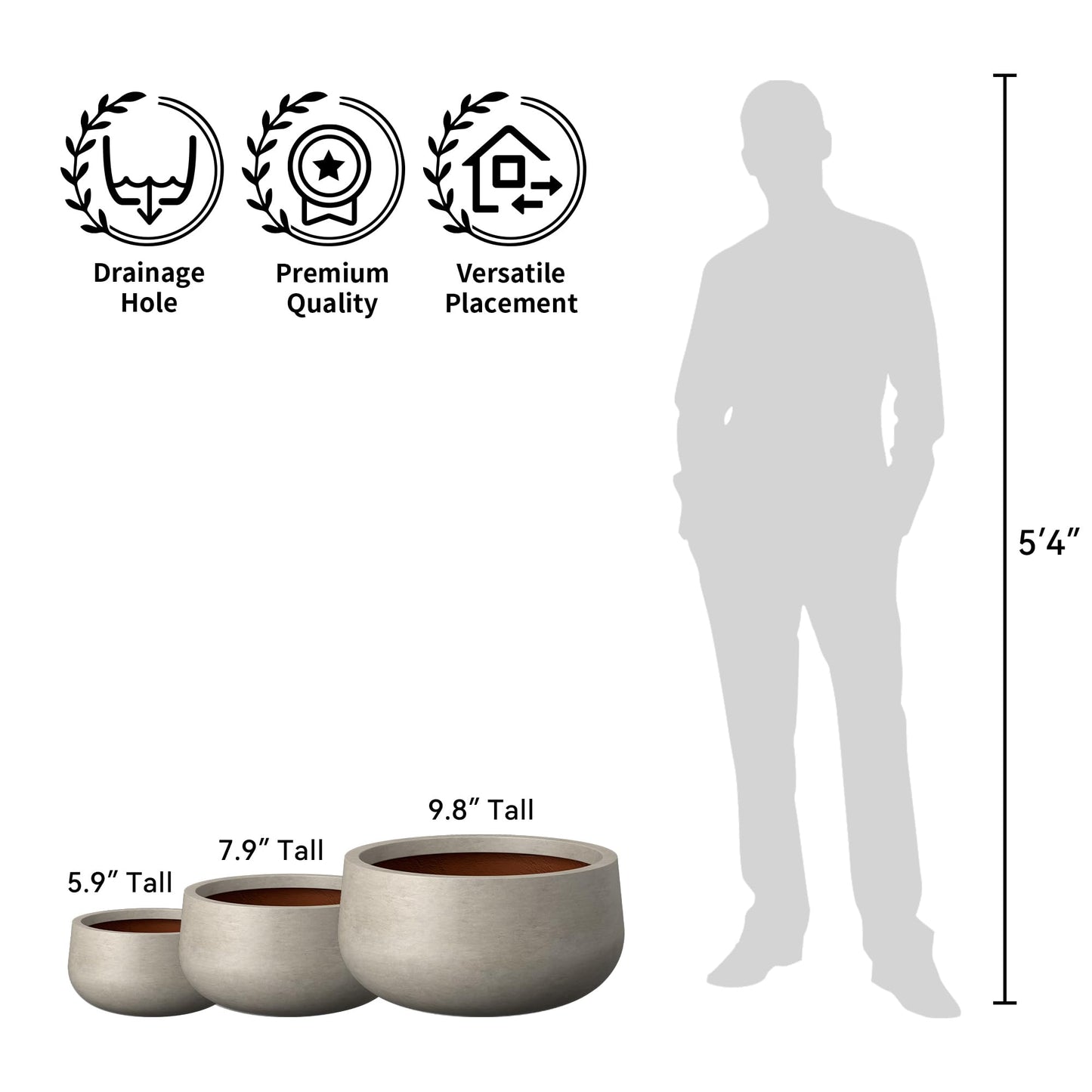 Kante 11.8 Inch-Dia Round Concrete Bonsai Planter with Drainage Hole, Large Plant Pot for Indoor Outdoor Plants, Suitable for Patio, Garden, Home, Weathered Concrete Finish with Painted Interior