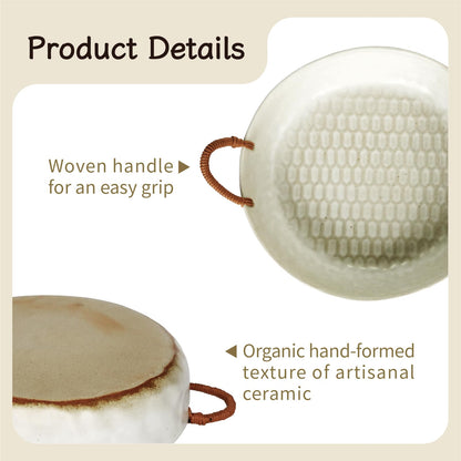 seicasaya 10" Ceramic Fruit Bowl with Woven Handles - Rustic Serving Dish with Speckled Glaze - Handcrafted Decorative Centerpiece Tray for Kitchen Counter (White, 10 Inch)