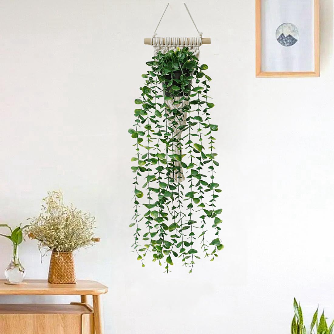 Avoik Artificial Eucalyptus Wall Hanging Decor, Artificial Hanging Greenery Plants, Macrame Plant Hanger with Faux Vines Hanging Planter for Boho Chic Home Office Bedroom Indoor Farmhouse Decor