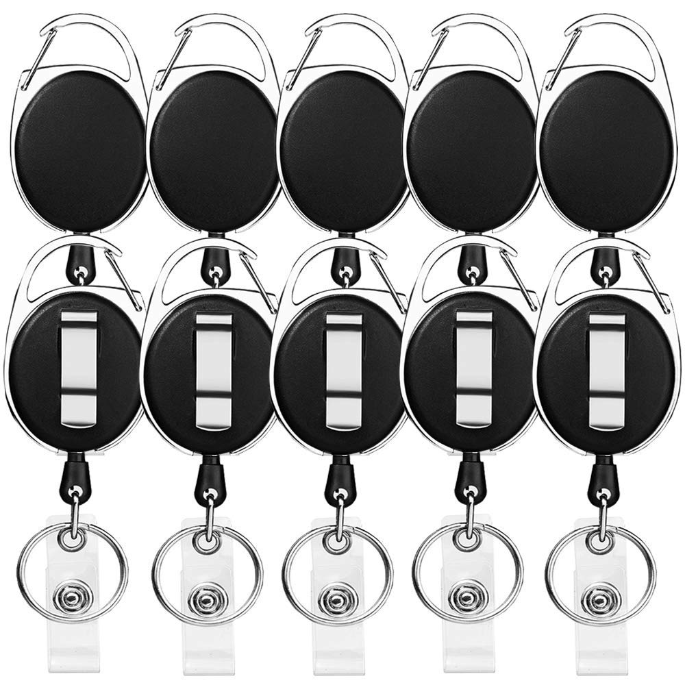 Retractable Badge Holder with Carabiner Reel Clip and Key Ring for ID Card Key Keychain Holders Black 10 Pieces by Moever