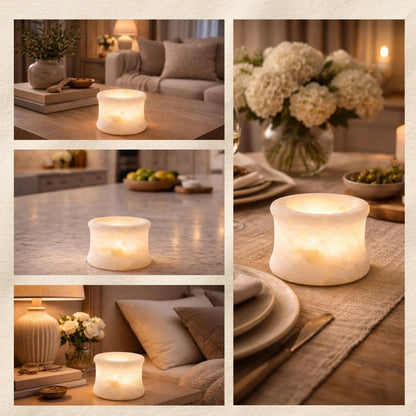 Single White Alabaster Candle Holder - Egyptian Tealight and Votive Candles Holders with Amber Glow for Home Décor - Natural Stone Soothing Tranquil