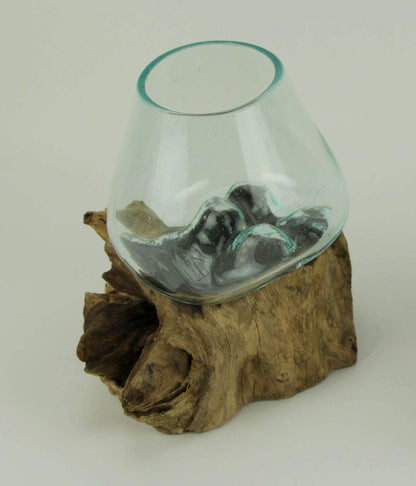 Clear Molten Glass On Teak Driftwood Base Decorative Bowl Vase Terrarium Planter