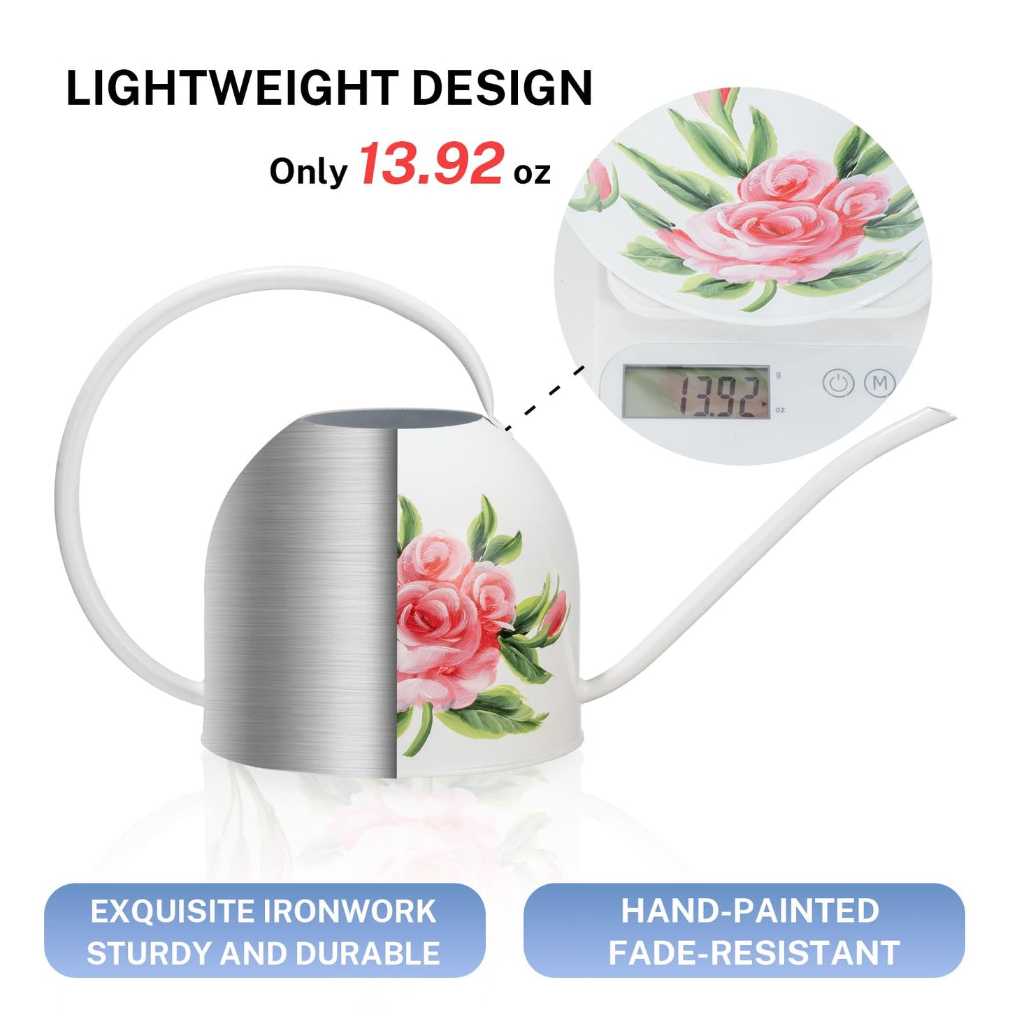MOYEE Small White Metal Long Spout Watering Can Outdoor Indoor Spray Bottle for Plants Hand Drawn Patterns,1/2 Gallon Plant Mister Durable Metal Structure Lawn Garden Watering Equipment