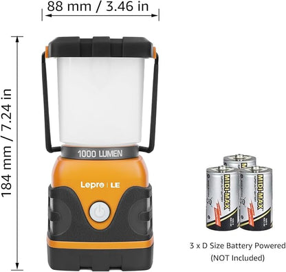 Lepro 1000LM Battery Powered LED Camping Lantern, Orange Tent Light with 4 Light Modes, Camping Essentials, Waterproof Lantern Flashlight for Camping, Emergency Light, Power Outage, Not Rechargeable