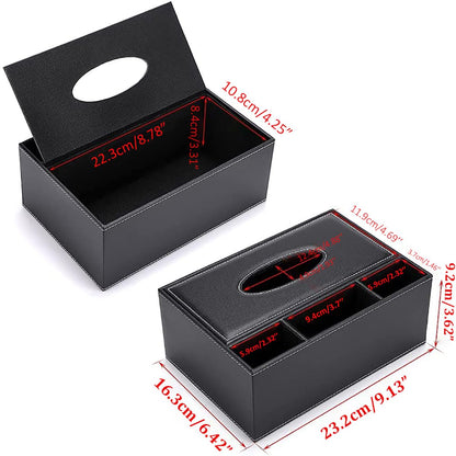 PU Leather Tissue Box Cover - Multifunctional Tissue Box Holder with Stationery Remote Control Box - Elegant and Stylish Home Napkin Holder Desktop Tissue Paper Holder Desk Storage Organizer (Black)