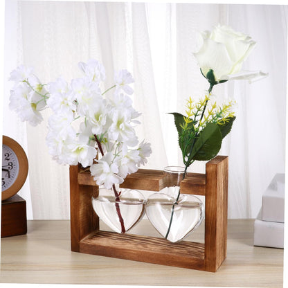 PRETYZOOM 2Pcs Retro Heart Shaped Hydroponics Planter with Wooden Rack Glass Vases for Flower Arrangement and Green Plant Propagation Temperature Resistant Decorative Terrarium for Home