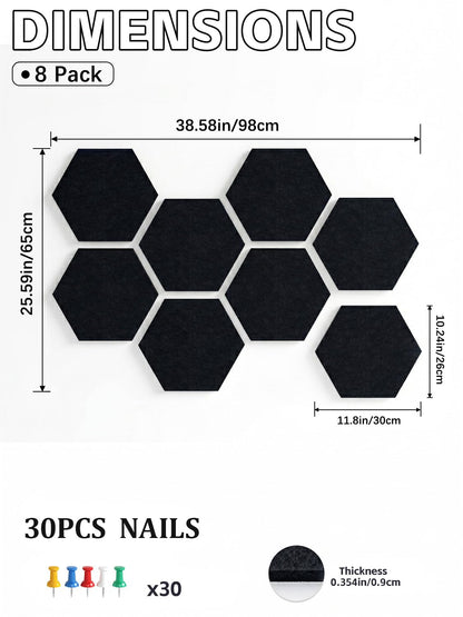 8 Pack Hexagon Felt Bulletin Board Tiles - 11.8" Large Thick Pin Board for Walls with 30 Push Pins, DIY Boards for Office Home School Decor, Aesthetic Hex Cork Board Alternative