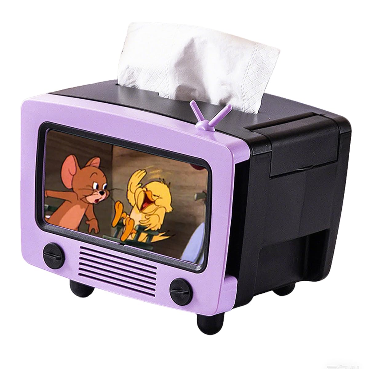 Tissue Box Holder with Cell Phone Slot, Retro TV Shaped Tissue Case and Cellphone Holder Cellphone Stand, Versatile Tissue Dispenser Cover for Living Room, Kitchen, Bedroom, Bathroom (Ube Purple)