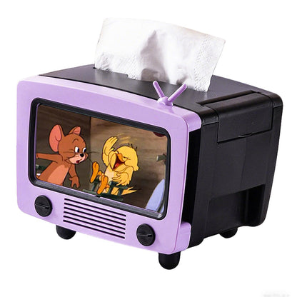 Tissue Box Holder with Cell Phone Slot, Retro TV Shaped Tissue Case and Cellphone Holder Cellphone Stand, Versatile Tissue Dispenser Cover for Living Room, Kitchen, Bedroom, Bathroom (Ube Purple)