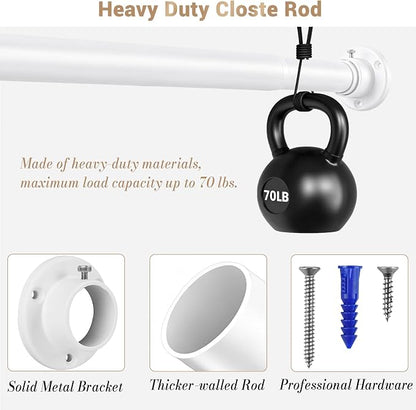 Closet Rod Adjustable 17 to 68 Inch, 1-1/4” Diameter, Closet Rods for Hanging Clothes, Stepless Metal Heavy Duty Hanging Rod for Closet Wardrobes Laundry RV (White)