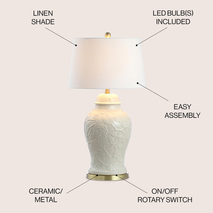 JONATHAN Y 29.5" Cream Ceramic Chinoiserie Table Lamp, Traditional Ginger Jar Lamp for Living Room Bedroom, White Linen Empire Shade, Brass Gold Base, LED Bulb Included JYL6604A