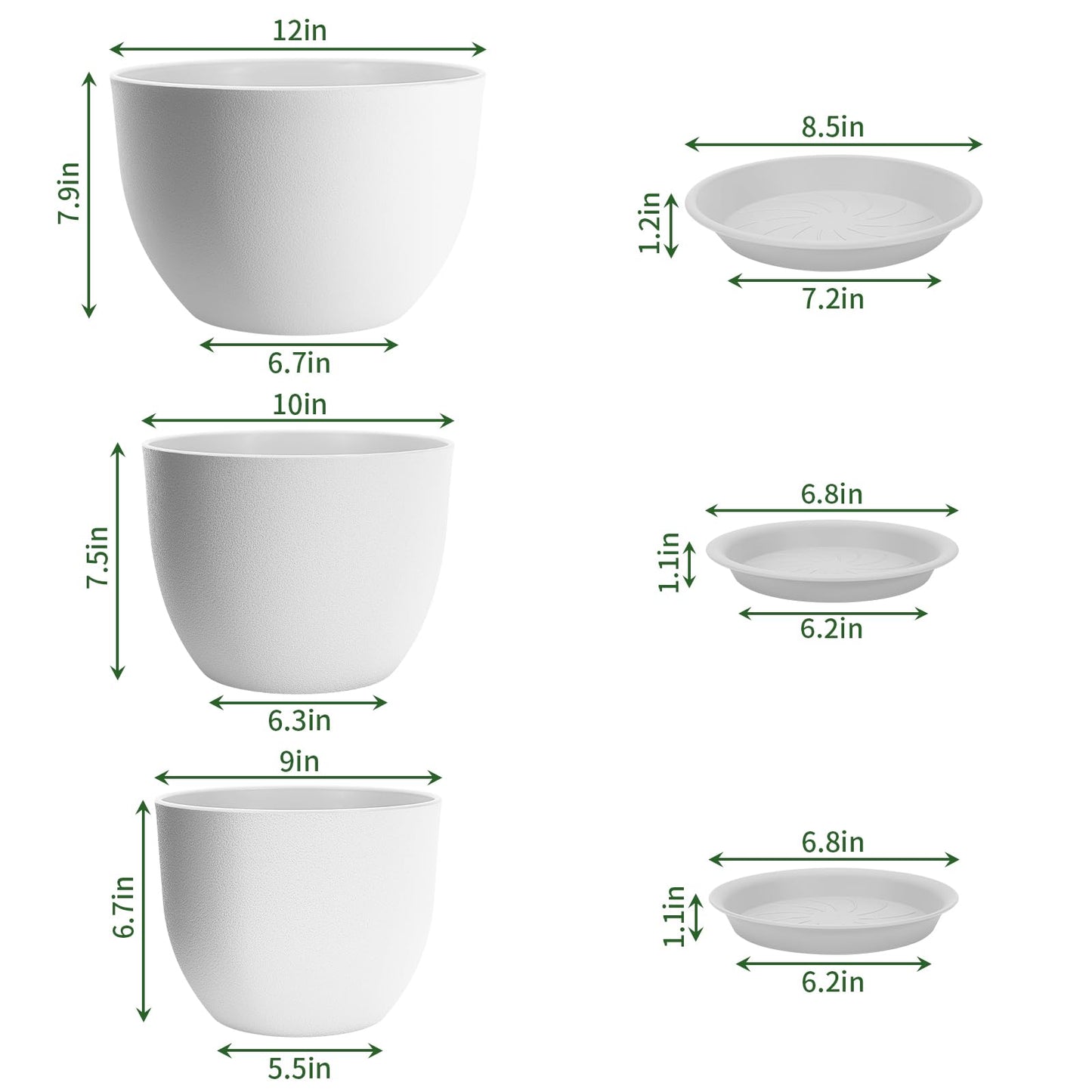 GARDIFE 12/10/9 inch Plant pots, Plastic Large planters for Indoor Plants, Flower pots, White