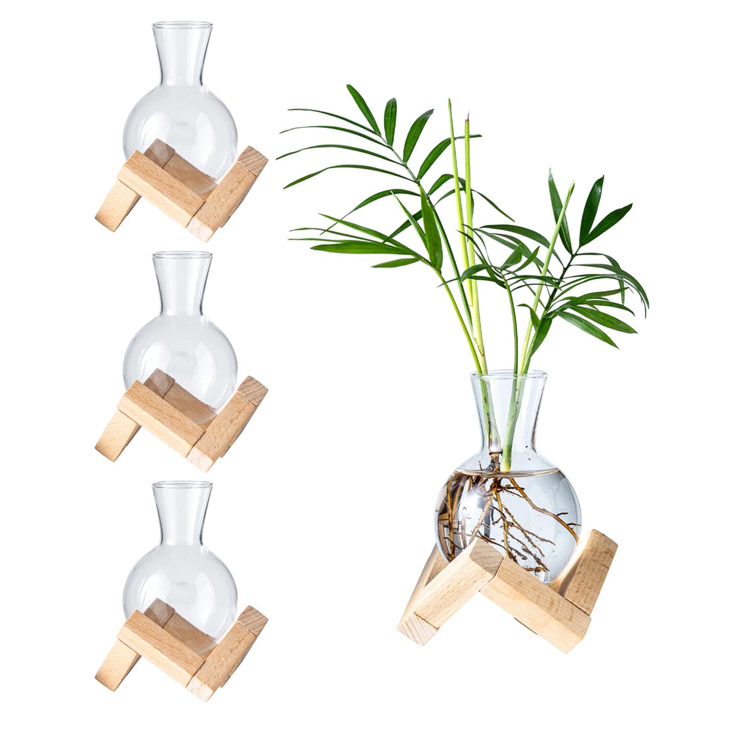 wangsdjy Propagation Stations, Propagation vases with Wooden Stand, Small Tabletop Glass Bulb Vases for Hydroponics Plant Propagation Station Home Office Decoration, Gift for Women Plant Lovers (4)