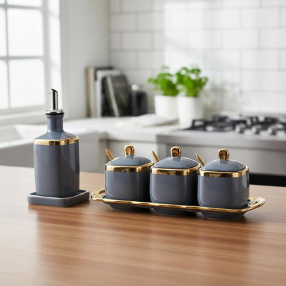 Fvstar Ceramic Sugar Bowls with Lid and Spoon,Gold Kitchen Spice Boxes Set,Salt and Peper Containers Set of 3,Coffee Sugar Bowls with Tray,Seasoning Storage Jars for Countertop and Bar,Gray