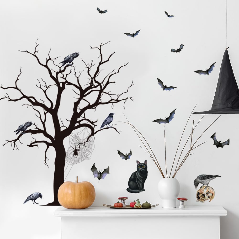 Halloween Horror Tree Wall Decals Scary Gothic Black Crow Bat Cat Wall Stickers Halloween Wallpaper Peel and Stick Removable Wall Art Decal for Bedroom Living Room