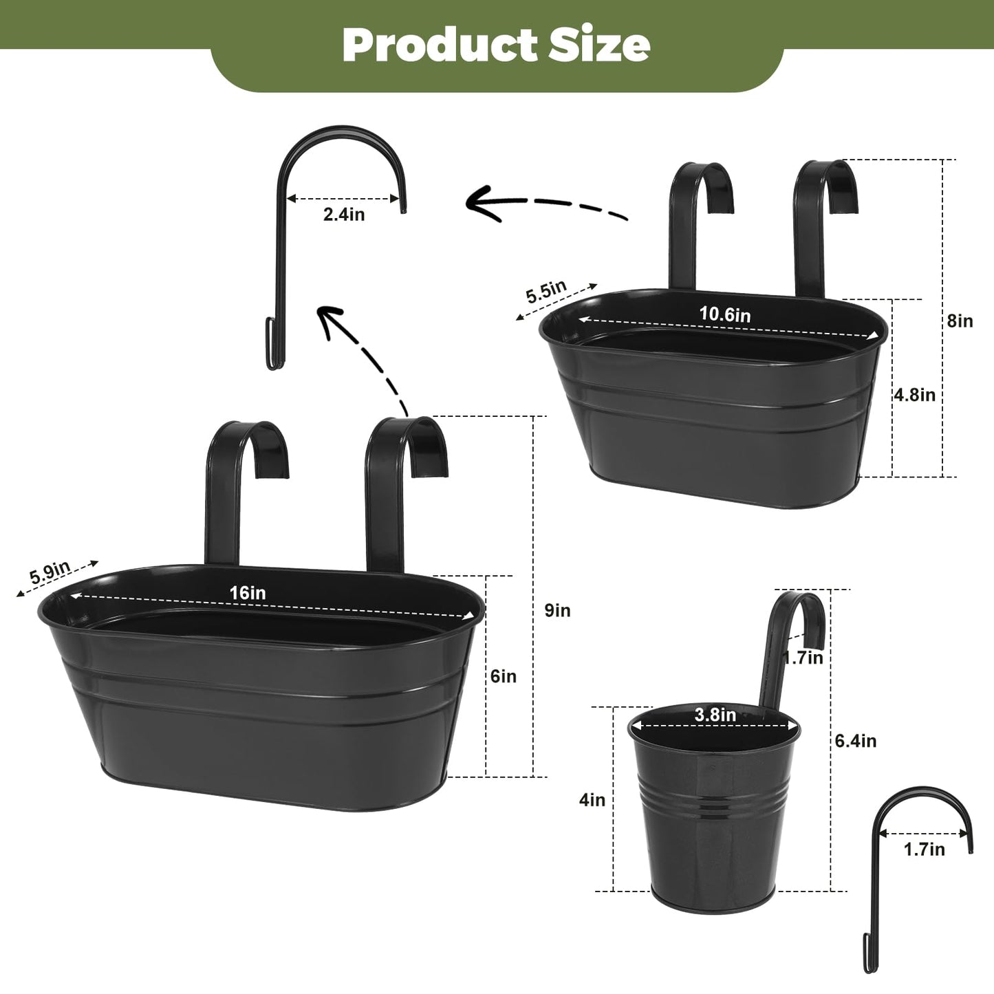 3 Different Size Metal Iron Hanging Flower Pots 10 Pcs for Outdoor Plants Metal Hanging Bucket Pots Iron Railing Fence Planter with Drainage Holes and Hooks for Porch Railing Balcony Fence (Black)