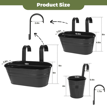 3 Different Size Metal Iron Hanging Flower Pots 10 Pcs for Outdoor Plants Metal Hanging Bucket Pots Iron Railing Fence Planter with Drainage Holes and Hooks for Porch Railing Balcony Fence (Black)