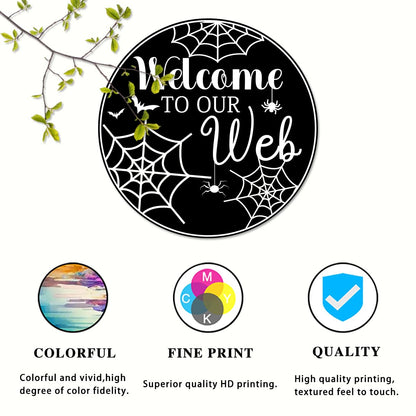 Generic Welcome To Our Web Round Aluminum Sign Halloween Metal Tin Signs Autumn Witch Ghost Pumpkin Wall Decor Sign For Home Kitchen Cafe 8x8 Inch