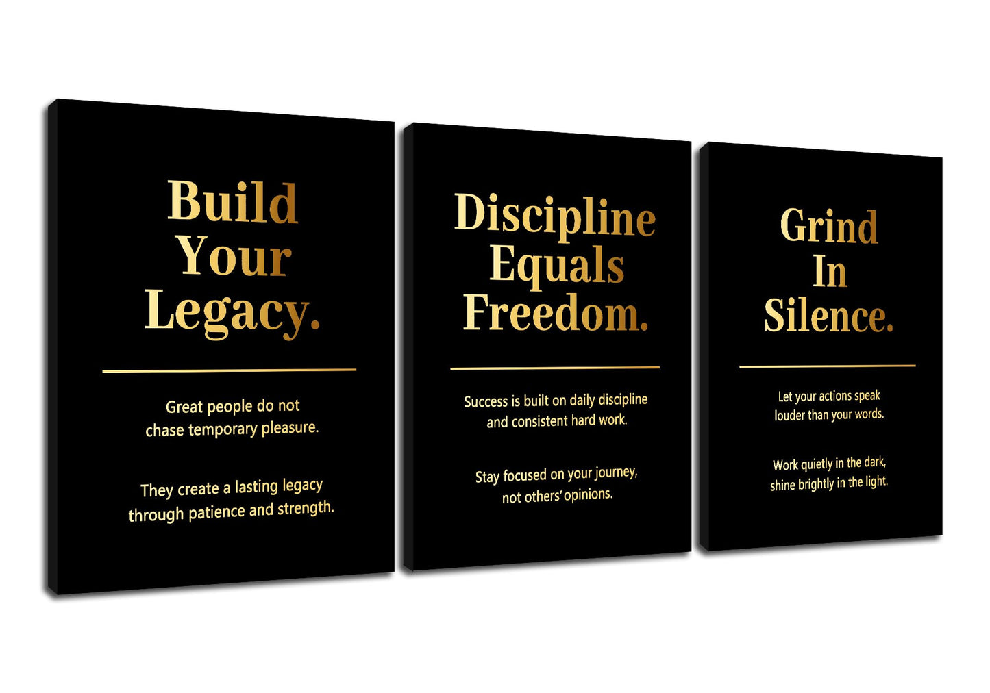PSYYSP 3 Piece Canvas Wall Art Discipline Equals Freedom Posters, Black Gold Motivational Triptych Wall Decor for Office, Bedroom, Dorm, Study Room, Framed Canvas 36x16inch