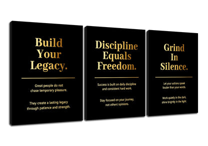 PSYYSP 3 Piece Canvas Wall Art Discipline Equals Freedom Posters, Black Gold Motivational Triptych Wall Decor for Office, Bedroom, Dorm, Study Room, Framed Canvas 36x16inch