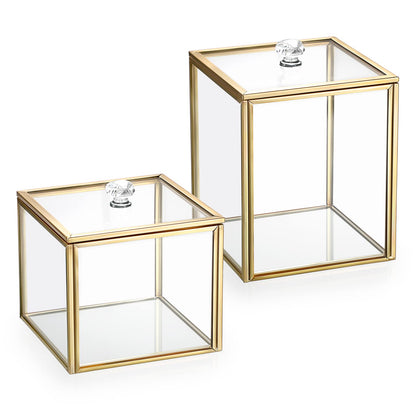 Hipiwe 2 Pack Glass Qtip Holder Dispenser With Lid Gold Bathroom Containers for Cotton Balls Makeup Sponges Bath Salts Candles Vanity Canisters Countertop Storage Organizer Jar