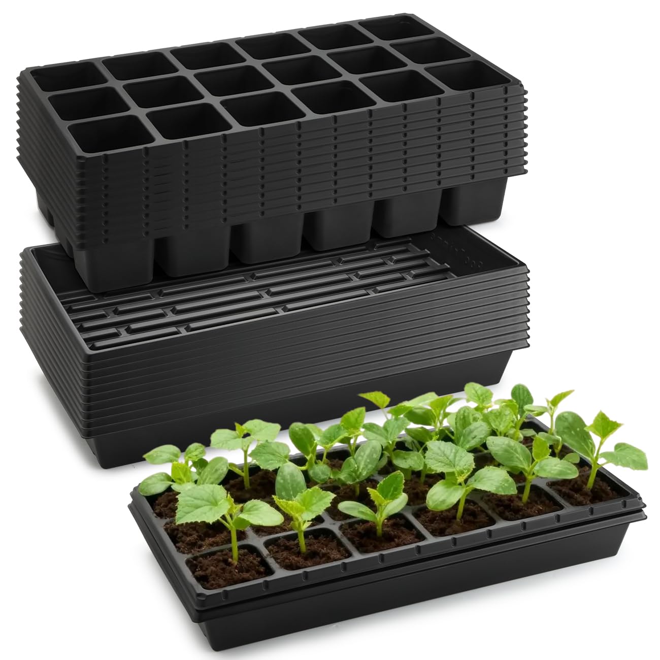 RooTrimmer 3 Inch Square Pots 2.9" Deep 18 Cell Seedling Trays with Water Collection Nursery 1020 Trays No Holes for Seeds Starting and Transplanting (20"x10",10 Sets)
