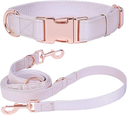 Soft Leather Dog Collar and Leash (6.6') Set - Stylish Rose Gold Heavy Duty Metal Buckle, 4 Adjustable Lengths Leash for Small Medium Large Dogs - Comfortable & Easy to Clean XS(8"-12"), Gold Pink