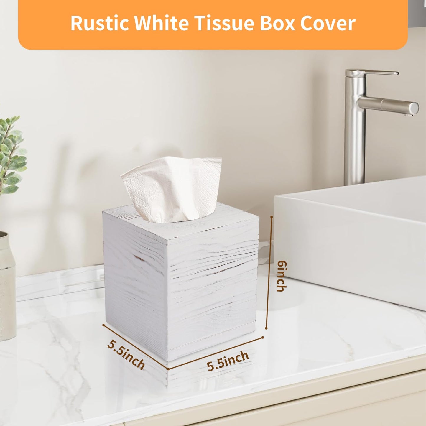 Tissue Box Cover Square, Rustic White Wooden Tissue Box Holder for Kleenex - Facial Tissue Holder for Bathroom, Bedroom, Office, Vanity