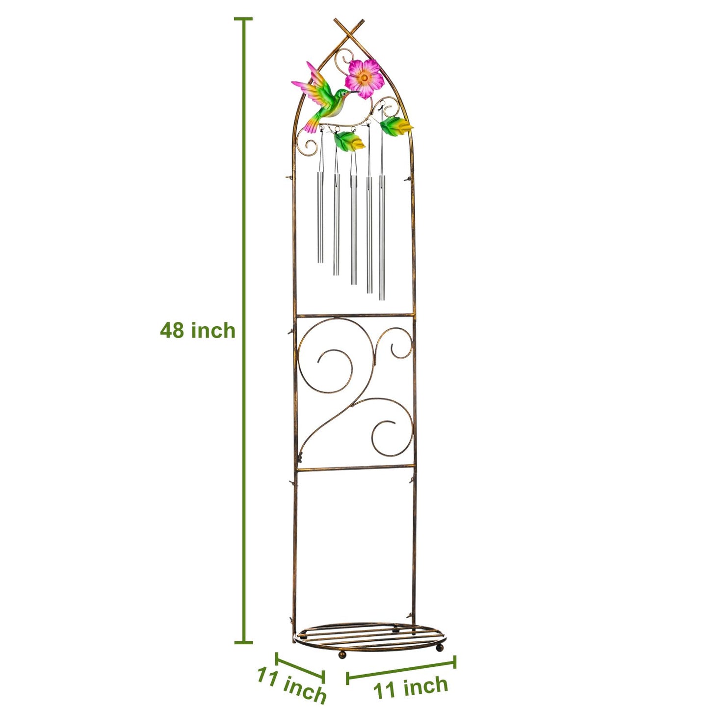 Plant Stands with Garden Trellis, 48” Metal Standing Wind Chimes Plant Pot Trellis with Hummingbird for Garden Patio Backyard Climbing Plants Outdoor Decor