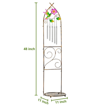 Plant Stands with Garden Trellis, 48” Metal Standing Wind Chimes Plant Pot Trellis with Hummingbird for Garden Patio Backyard Climbing Plants Outdoor Decor