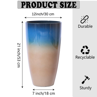 SE SUN-E Tall Planters for Outdoor Plants, Heavy-Duty Plastic Lightweight Flower Pots Blue to Khaki Gradient Garden Pots Porch Planters Outdoor Set of 2 Gifts for Plant Lovers