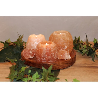 Himalaya Salt Dreams Tea Light Holder Set 2 x 400 g 1 x 700 g with Wooden Plate Crystal Salt from Punjab/Pakistan Orange Diameter Approx. 21.5 cm