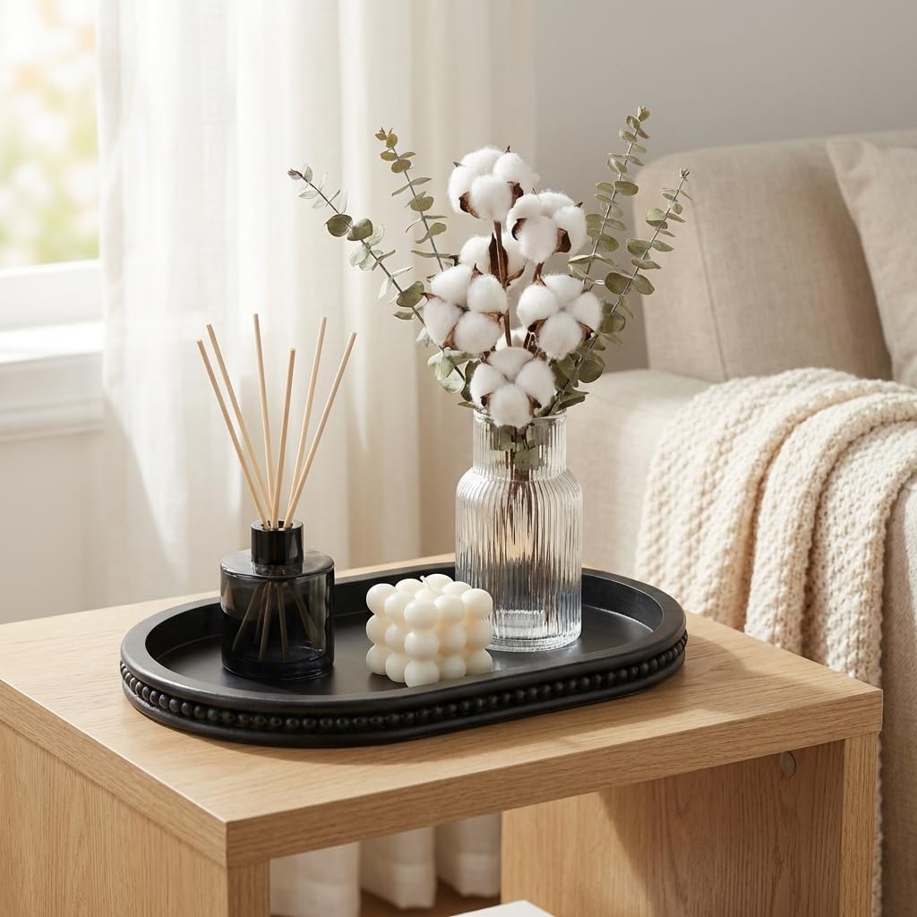 Hanobe Decorative Trays for Coffee Table : Black Oval Centerpiece Tray Wood for Farmhouse Entry Table Decor Round Bathroom Tray for Living Room Kitchen Counter