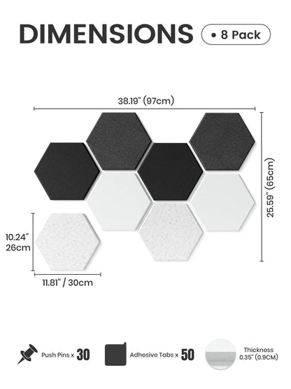 Fluxynara Hexagon Cork Board Alternative for Walls Decor-8-Pack Felt Bulletin Board Tiles,with 30 Pushpins,50 Adhesive Tabs for Office,Classrooms & Home Pin Board Felt Board-Concrete Echo