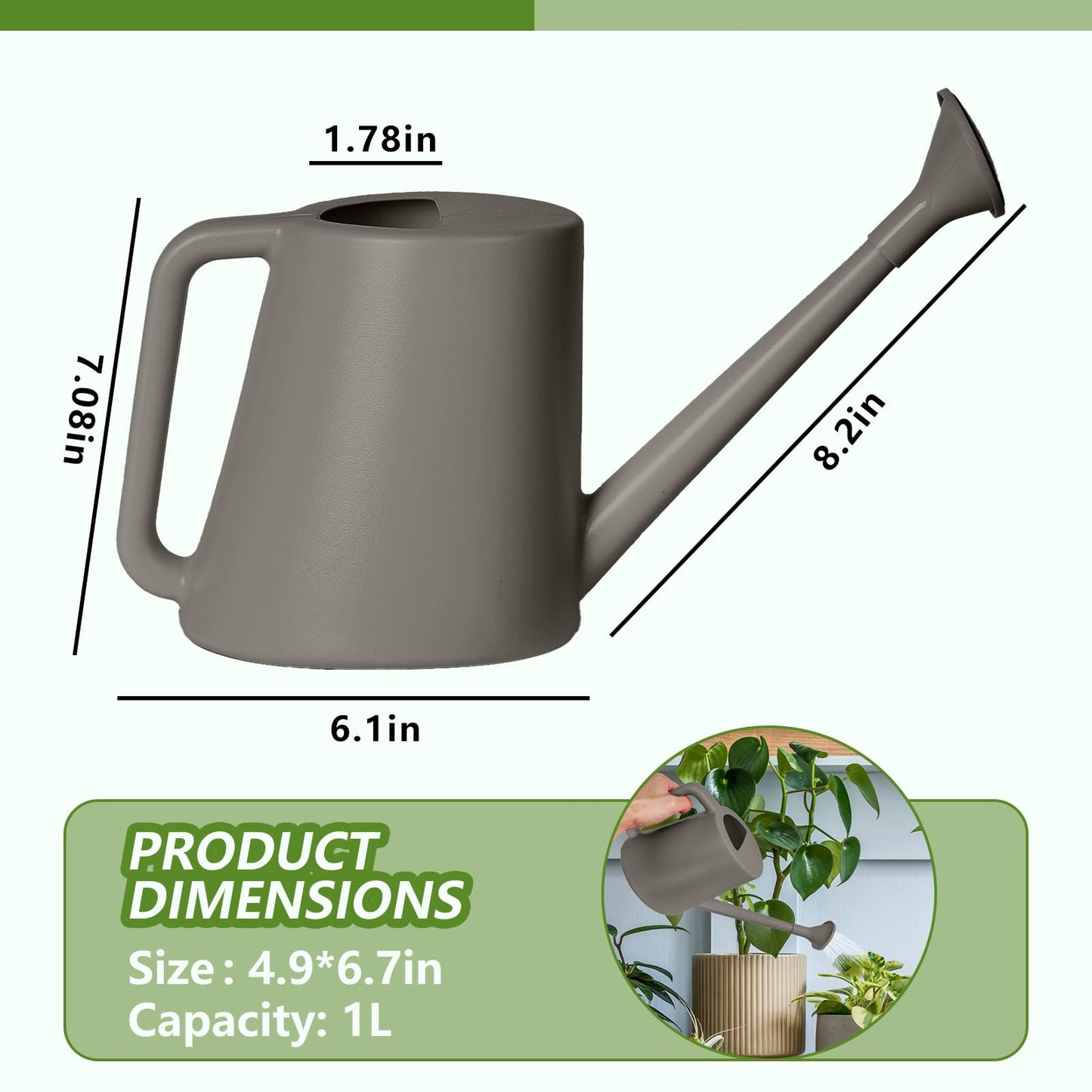 ZXJ Grip Plant Watering Can - for Indoor and Outdoor Home Garden Plants - with Long Spout - Grey - 1/2 Gallon
