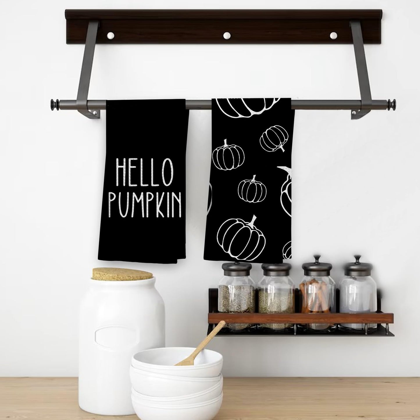 OHSUL Black Fall Kitchen Towels, Autumn Pumpkin Decor, Hand Dish Towels, Bathroom Decorations for Home, Housewarming Gifts, Set of 2