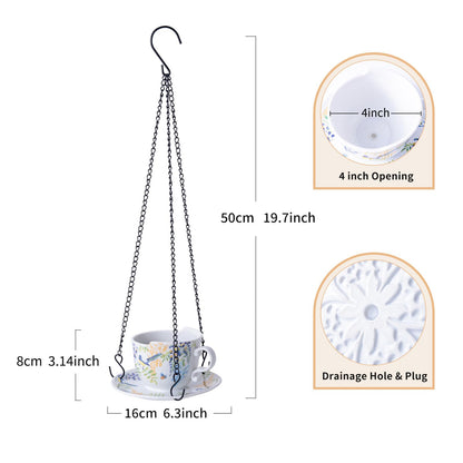 TEATALK Hanging Planters for Indoor Plants, Ceramic Pots with Drainage Hole, 6.3 Inch Hanging Planter with Chain, Outdoor Hanging Baskets for Plants, Birds & Flowers, Cup Shape