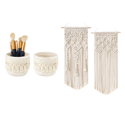 Mkono Macrame Makeup Brush Holder and Macrame Wall Hanging for Bedroom, Living Room, Nursery, Dorm, Teen Girl Gifts, Set of 3