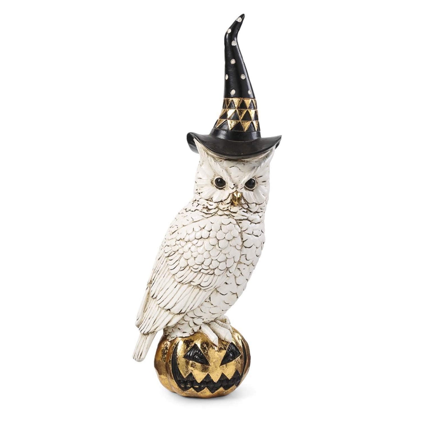 K&K Interiors 14 Inch White and Gold Owl with Witch Hat On Gold Jack O Lantern
