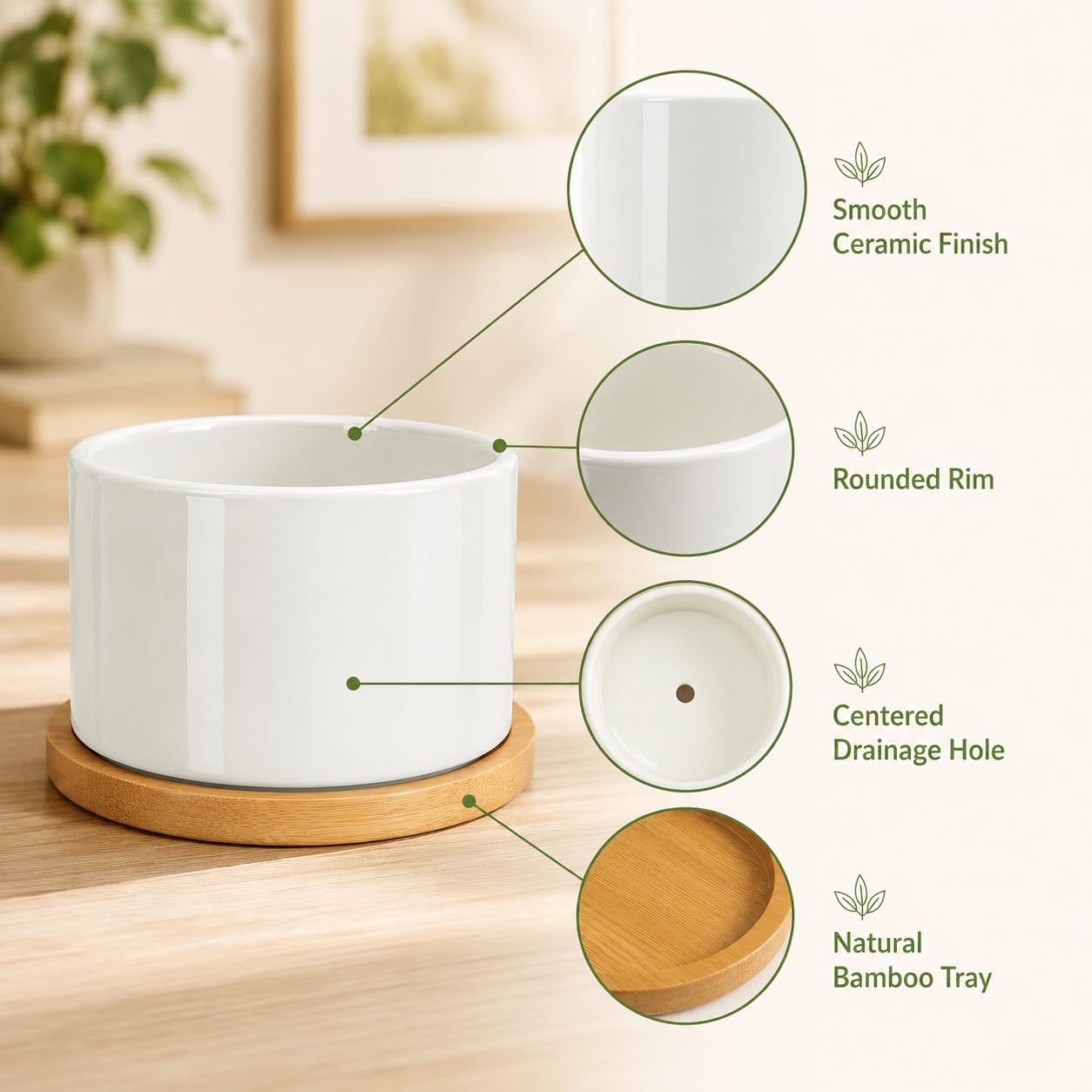 ZOUTOG Ceramic Succulent Pots,3.6 Inch Plant Pots,Succulent Planters with Drainage Hole & Bamboo Tray for Indoor Plants,White Small Flower Planters for Home,Office,Desk(6 Pack)